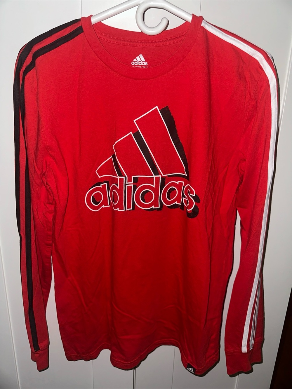 ADIDAS Boy’s Cotton Red Signature Stripes Long Sleeve Logo T-Shirt Size XL 18/20